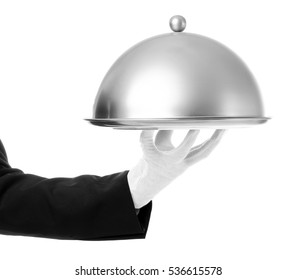 Waiter Hand With Cloche And Tray On White Background