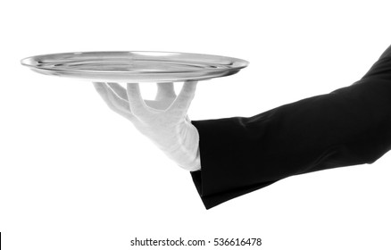 Waiter hand with tray on white background