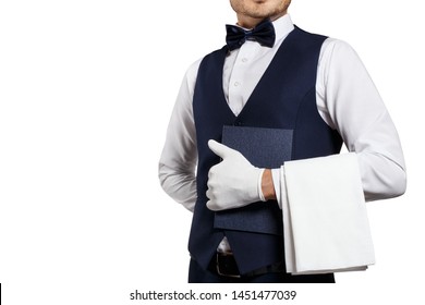 Waiter Holding A Blank Restaurant Menu, Isolated On White Background