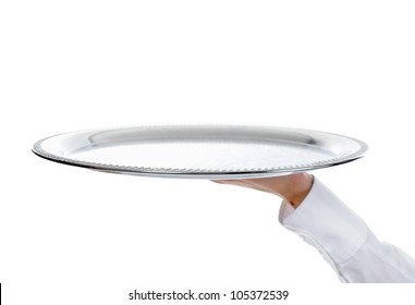 Waiter holding empty silver tray. Isolated on white background - Powered by Shutterstock