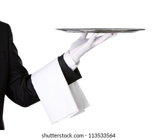 Waiter holding empty silver tray isolated on white background with copy space