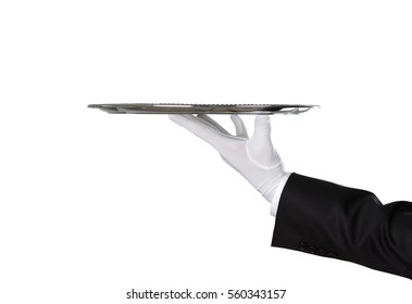 Waiter holding empty silver tray isolated on white background with copy space - Powered by Shutterstock