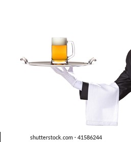 Waiter holding a silver tray with a beer mug on it