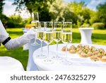Waiter holding a tray with champagne glasses and appetizers at an outdoor garden event