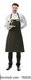 Waiter holding tray with glasses of wine on white background