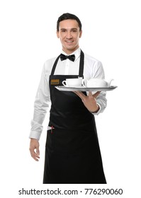 Waiter Holding Tray With Tea Set On White Background