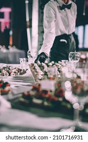 Waiter Holds Tray With Canapes. Restaurant Service. Buffet Or Catering.