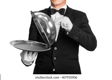 waiter holds tray with metal lid isolated on white background