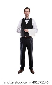 Waiter Isolated Over White Background, Full Body Apron.