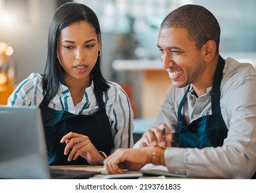 Waiter, Laptop And Cafe Restaurant Manager In Small Business Meeting With Employee For Financial Budget Or Inventory. Coffee Shop, Bakery Worker Planning Or Review Marketing Or Advertising Strategy