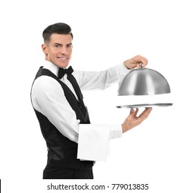 Waiter With Metal Tray And Cloche On White Background