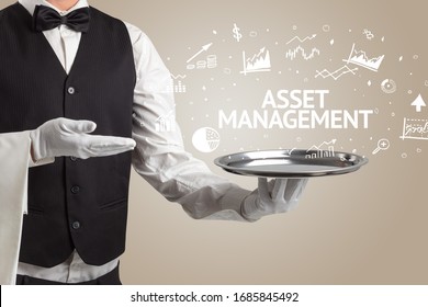 Waiter serving business idea concept with ASSET MANAGEMENT inscription