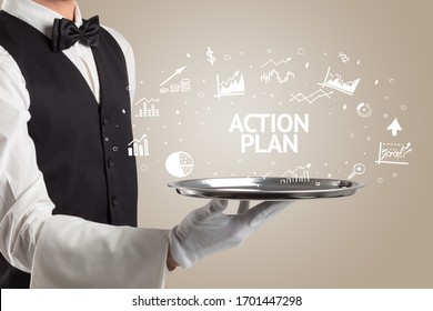 Waiter Serving Business Idea Concept With ACTION PLAN Inscription