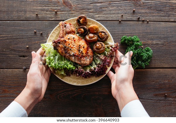 Waiter Serving Chicken Dish Lettuce Mushrooms Stock Photo Edit