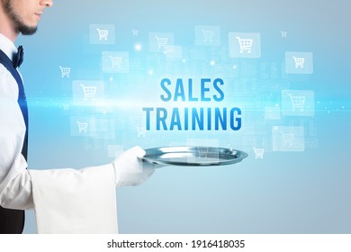 Waiter Serving SALES TRAINING Inscription, Online Shopping Concept