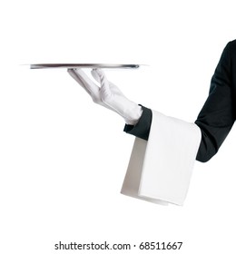 Waiter Serving With Stainless Tray Isolated On White Background