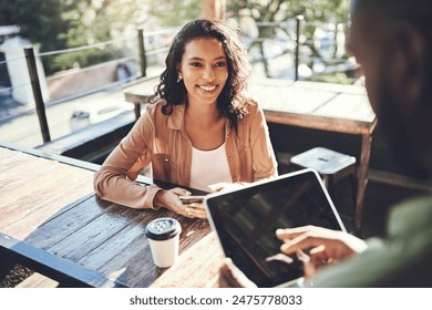 Waiter, tablet and customer at restaurant for hospitality, website and service with digital menu or app. Male employee, working and woman by cafe for coffee or dinner reservation with technology - Powered by Shutterstock