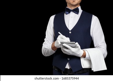 Waiter taking the order, isolated on black background