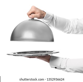 Waiter With Tray And Cloche On White Background