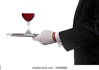 Waiter in Tuxedo Serving Champagne Glass isolated over white - Powered by Shutterstock