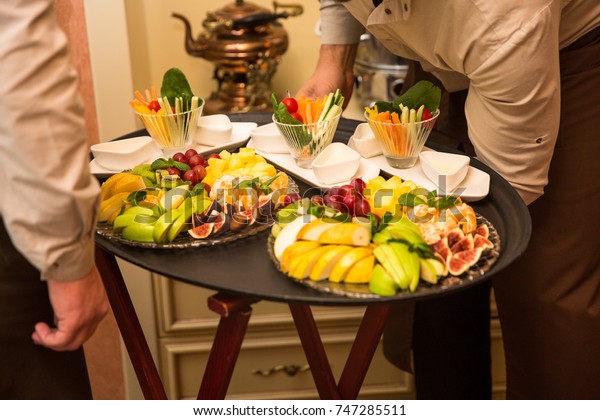 Waiters Carrying Tray Plates Fruits Vegetables Miscellaneous