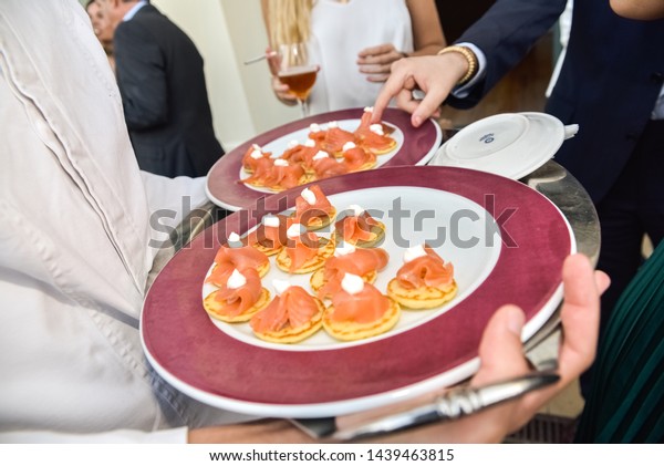 Waiters Serving Trays Snacks Tapas Guests Stock Photo Edit Now