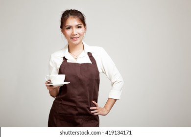 Waitress Or Barista  In Apron  Holding Coffee