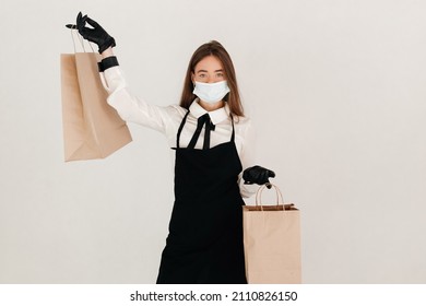 Waitress Giving Takeaway Order. Food And Coffee Delivery Concept