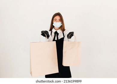 Waitress Giving Takeaway Order. Food And Coffee Delivery Concept