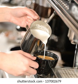 Waitress Hands Pouring Milk Making Cappuccino