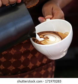 Waitress Hands Pouring Milk Making Cappuccino