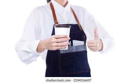 Waitress Hold Menu Coffee Cup Order To Service Customer Client In Shop Restaurant With Smile. Employee Staff Wear Apron To Serve As Entrepreneur Owner For Small Business, Copy Space White Background