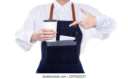 Waitress Hold Menu Coffee Cup Order To Service Customer Client In Shop Restaurant With Smile. Employee Staff Wear Apron To Serve As Entrepreneur Owner For Small Business, Copy Space White Background