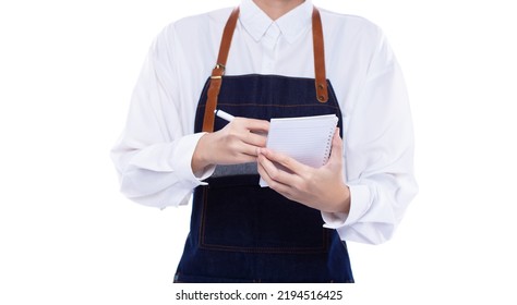 Waitress Hold Menu Note Order To Service Customer Client In Shop Restaurant With Smile. Employee Staff Wear Apron To Serve As Entrepreneur Owner For Small Business, Copy Space White Background