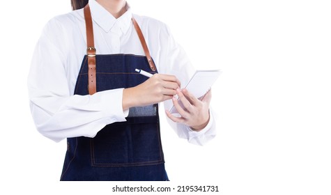 Waitress Hold Menu Note Order To Service Customer Client In Shop Restaurant With Smile. Employee Staff Wear Apron To Serve As Entrepreneur Owner For Small Business, Copy Space White Background