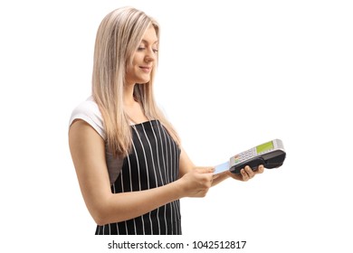 Waitress Inserting A Credit Card In A Payment Terminal Isolated On White Background