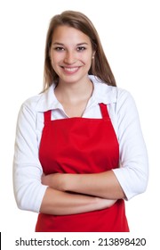 Waitress With Red Apron And Crossed Arms