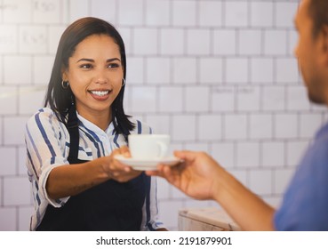 Waitress Serving Drink To Customer In Coffee Shop, Cafe And Restaurant. Friendly Woman, Happy Bistro Worker And Smile Barista Giving Cup Of Fresh Tea And Hot Cappuccino For Hospitality And Service