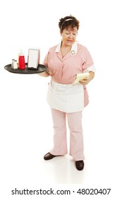 A Waitress Starting Her Shift, Reading Notes On Her Pad.  Full Body Isolated.