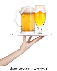 Waitresses Hand Holding A Silver Serving Tray With A Glass Of Beer. Isolated