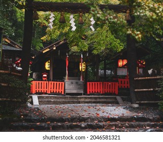 Wakayama, Japan - Nov 14, 2019. The entrance of the Shinto shrine is mysterious and dark on a rainy day on Mount Koya.
