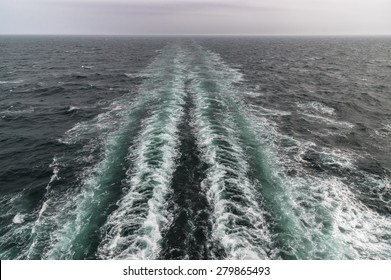 The Wake of a Danish ferry en route to the Faroe Islands and Iceland in rough seas.