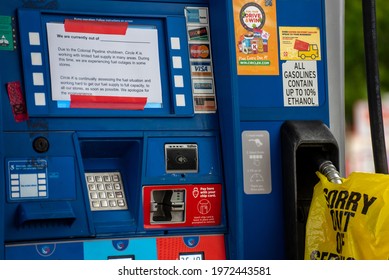 Wake Forest, NC United States- 05-12-2021: A Sign Is Displayed At An Empty Pump Explaining The Shortage Caused By The Colonial Pipeline Cyber Attack. 