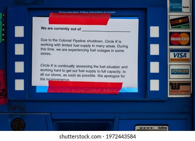 Wake Forest, NC United States- 05-12-2021: A Sign Is Displayed At An Empty Pump Explaining The Shortage Caused By The Colonial Pipeline Cyber Attack. 