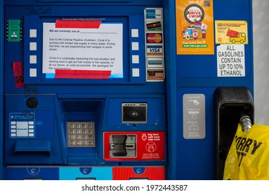 Wake Forest, NC United States- 05-12-2021: A Sign Is Displayed At An Empty Pump Explaining The Shortage Caused By The Colonial Pipeline Cyber Attack. 