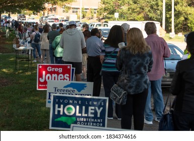 Wake Forest, NC/United States- 10/15/2020: NC Voters Wait In Long Lines To Cast Their Ballots On The First Day Of Early Voting. 