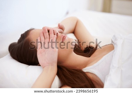Wake up, fatigue and tired woman in bed with hands on eyes frustrated with insomnia, crisis or disaster. Bedroom, problem or female person in house with sleeping issue, struggle or low energy at home