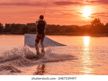 Wakeboarder making tricks. Low angle shot of man wakeboarding on a lake. Man water skiing at sunset. - Powered by Shutterstock