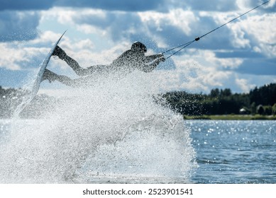  Wakeboarder making tricks while wakeboarding on lake. Young man surfer having fun wakesurfing in the cable park. Water sport, outdoor activity concept. - Powered by Shutterstock