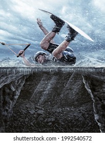 A wakeboarder with winter background. Photomanipulation of Wakeboarder bouncing on the ice. Very extreme sport